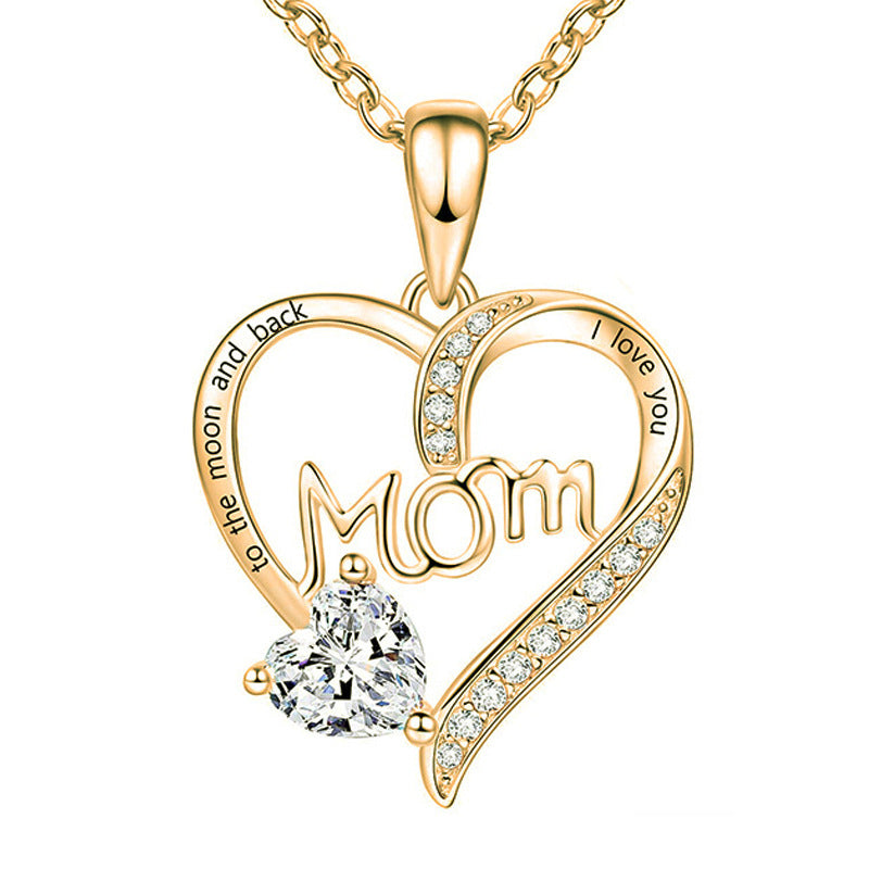 Wholesale Mother's Day Mom Heart-shaped Engraved Diamond Alloy Necklace